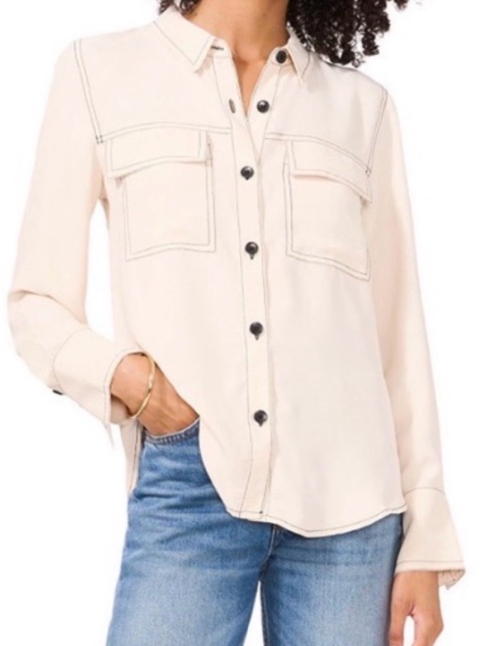 Vince Camuto Contrast Stitch Utility Button-Up Shirt - Cream Size S